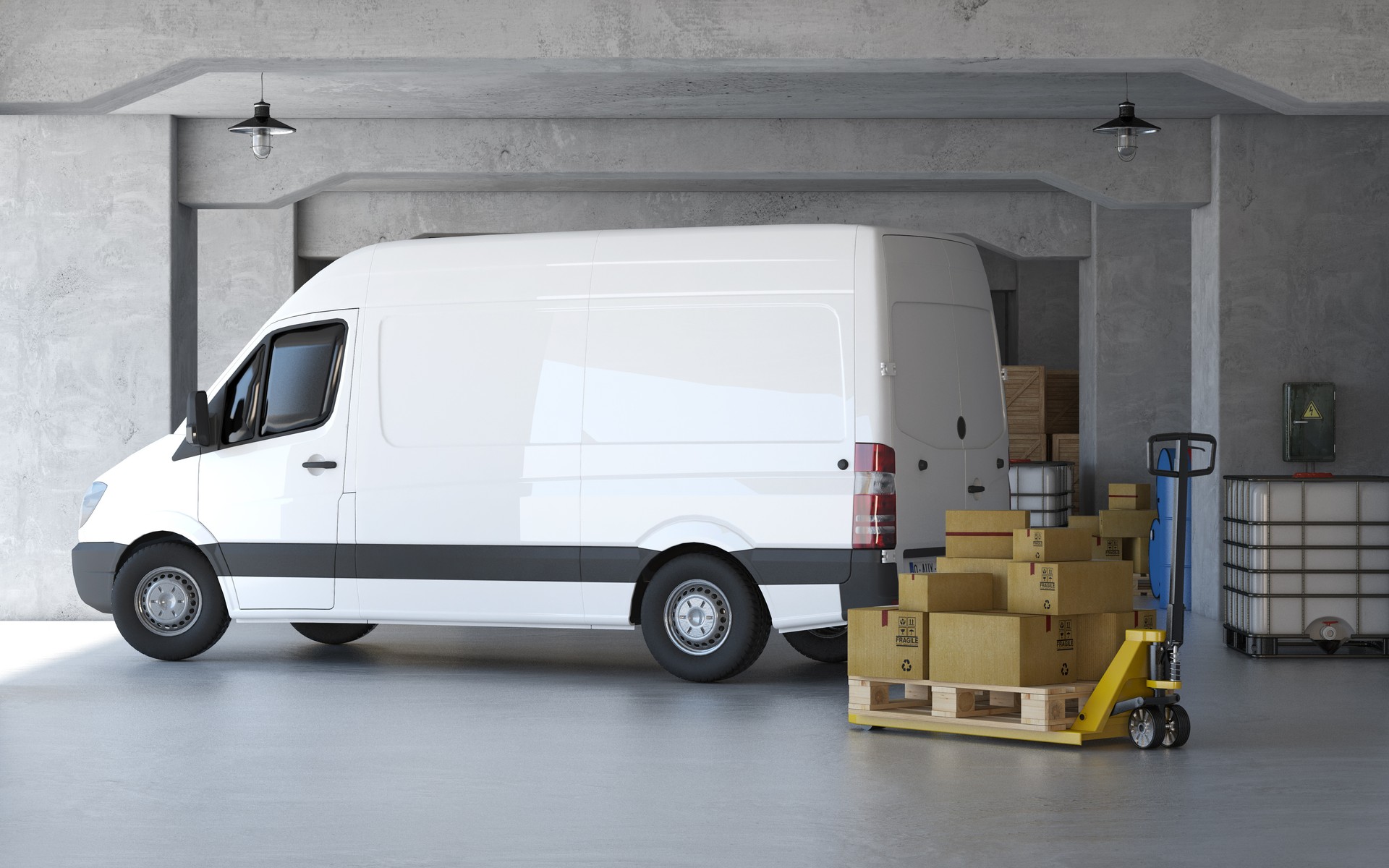 A new delivery van at warehouse. Cargo loading. 3d rendering